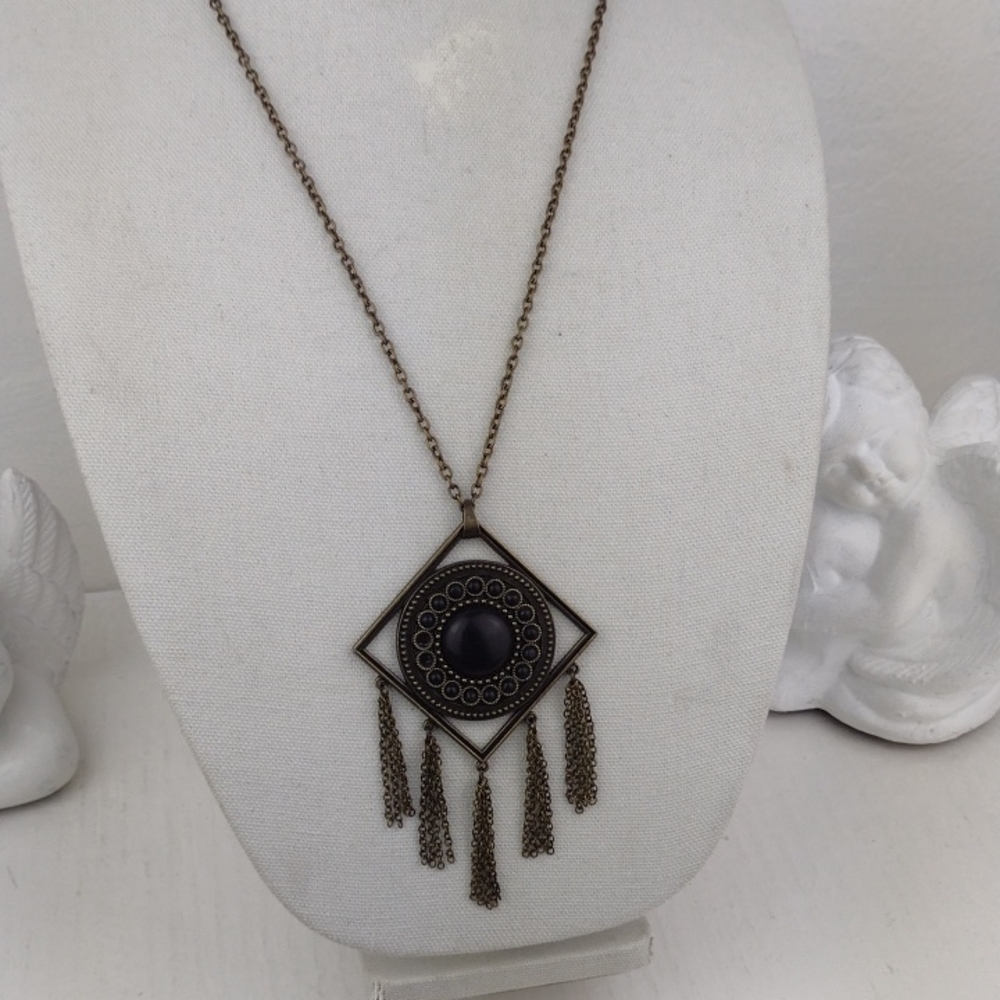 Vintage-Inspired Bronze Pendant Necklace Deep Black Stone & Bronze Chain Fringe